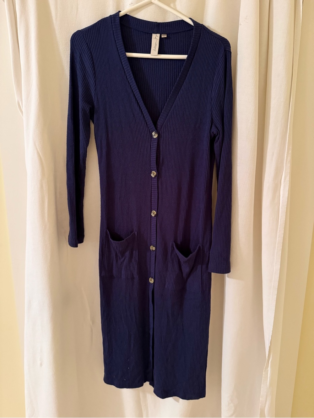 Allison Joy Long Ribbed Button-Front Sweater with Pockets - Navy